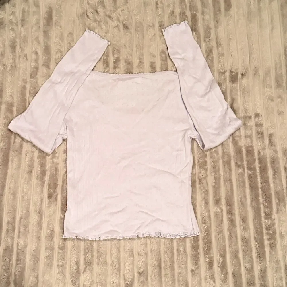Wild Skye Light Blue/Gray‎ Pointelle Ribbed Long Sleeve Lettuce Edge Top Size S